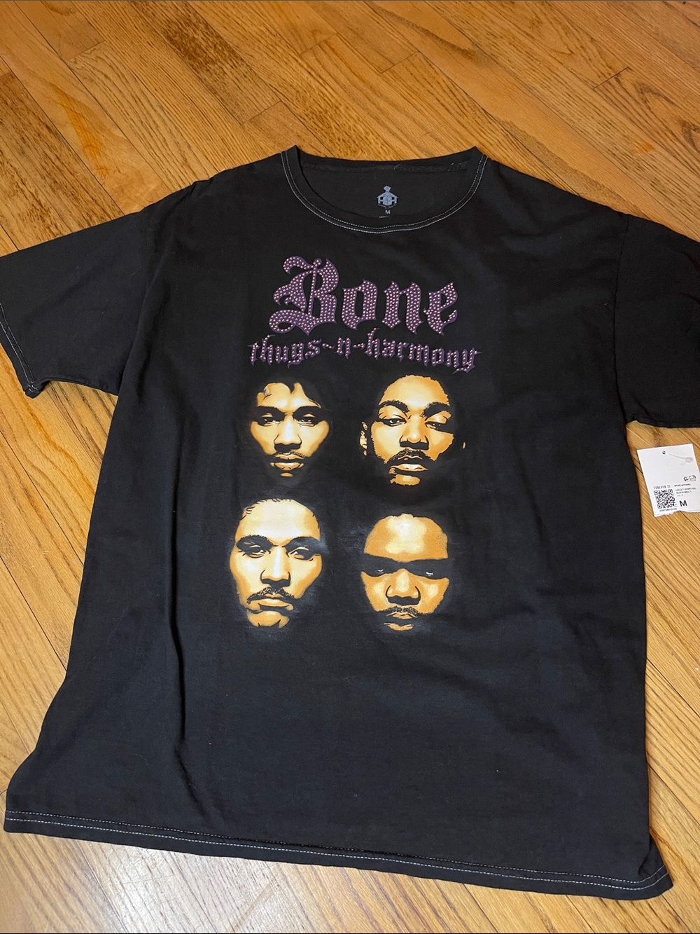 Black Graphic Tee with Lavender Studded Design